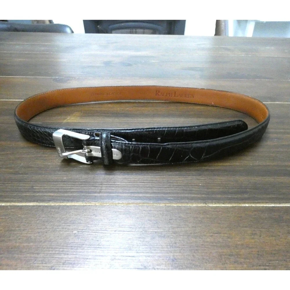 Ralph Lauren Womens S Black Alligator Leather Belt Silver Color Logo Buckle 32